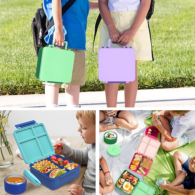 Bento Lunch Box Kids with 8oz Soup Thermo, Leak-Proof Lunch Containers with 4 Compartment, Thermo Hot Food Jar and Insulated Lunch Box for School Purple