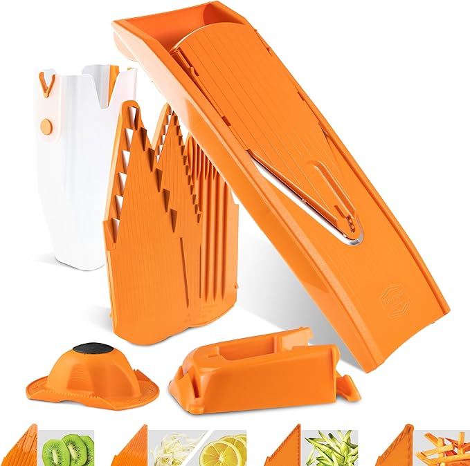 Mandoline Food Slicer Börner V1 (Profi Set) by Reston Lloyd • V-Slicer with 4 Inserts, Docking Station & Food Holder • Made in Germany • Fruit & Vegetable Chopper • Multiple Settings • Color: Orange