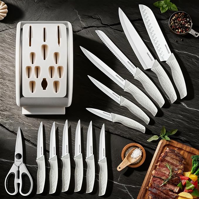 RAXCO Knife Set,15-Piece Stainless Steel Kitchen Knives with Block for Professional Cutting,White