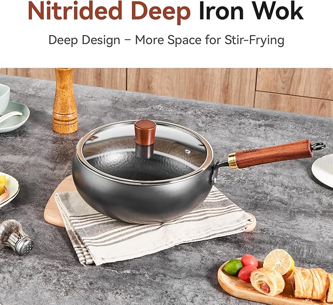 Carbon Steel Wok Pan with Lid, 9.4 Inch Big Belly Flat Bottom Wok, Coating-Free Stir Fry Pan for Gas, Electric, Ceramic & Induction, 3.5 QT Compact Wok for 1–3 Servings