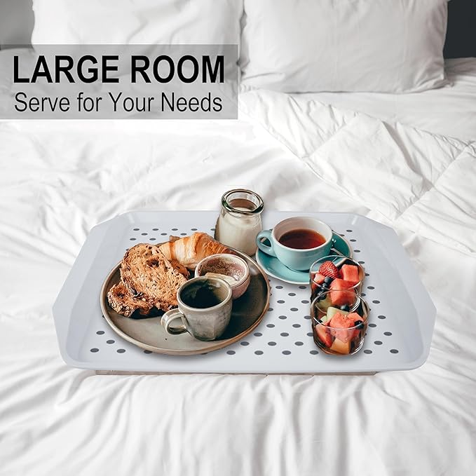 KAQAHIDO Large Non Slip Serving Tray with Grippy Dots, TV Lap Trays for Eating on Couch, Meal Serve for Dinner Breakfast, Rectangular Food Carrying for Plates, Glasses, Dishes, Set of 2, White