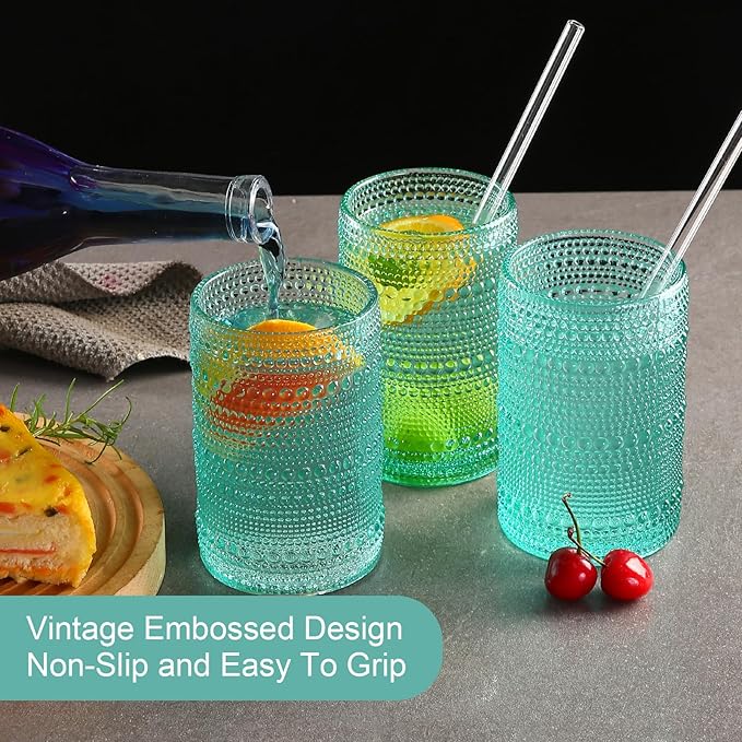 Vintage Glassware Drinking Glasses Set of 6,15 oz Hobnail Glass Cups,Embossed Lake Blue Water Tumbler,for Beer,Cocktail,Whiskey,Juice and Various Mixed Drinks- 1 Cleaning Brush