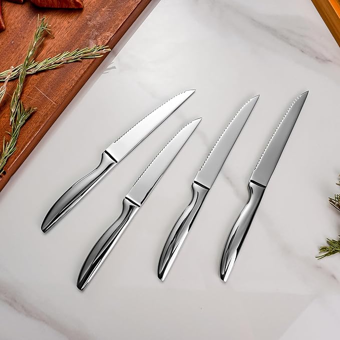 SuperCook Steak Knife Set of 12 with Block Holder, Serrated Steak Knife with Bamboo Storage Box Drawer Insert Organizer, Dishwasher Safe, Silver