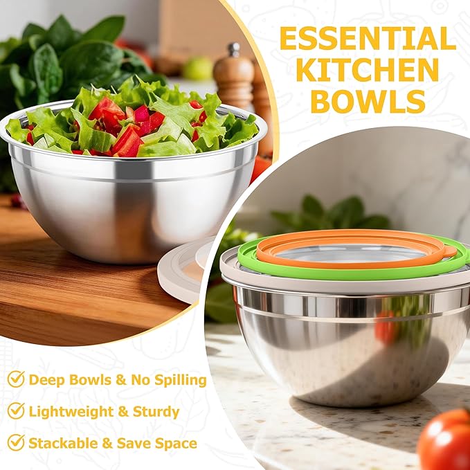 TeamFar Mixing Bowls, 4.5/3/1.5 QT Stainless Steel Nesting Salad Bowls with Airtight Lids, For Serving/Mixing/Storing/Prepping, Non-Toxic & Sturdy, Visible & Easy Clean, Multi-Color, Set of 3