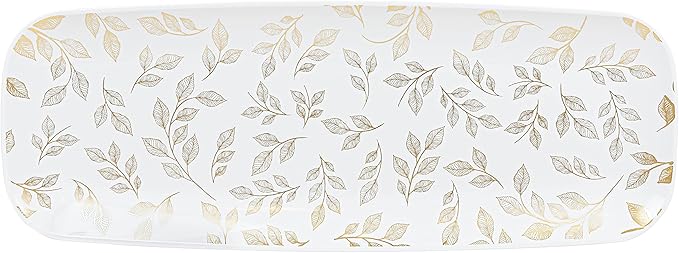 Plasticpro Plastic Serving Trays - White Serving Platters with Organic Floral Design Rectangle 5 X 17.5 Disposable Party Dish Pack of 4