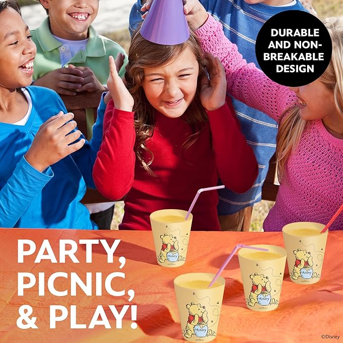 Disney Reusable Plastic Cups – 4 Pack 16 oz Plastic Drinking Glasses with Mickey, Stitch, Pooh, or Disney100 Designs – BPA-Free, Stackable, Top Rack Dishwasher Safe Tumblers for Water, Juice & More