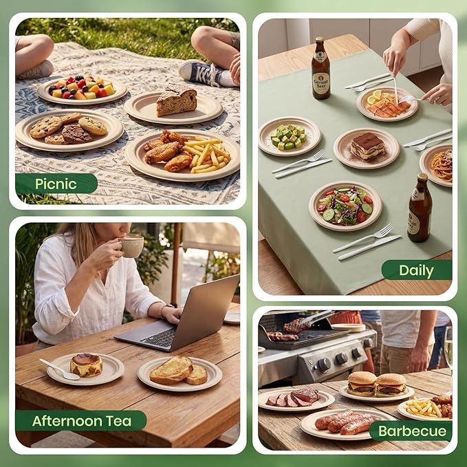 Disposable Paper Plates, 6 inch Heavy Duty Paper Plate, Soak and Cut Proof, Natural Biodegradable Bagasse Plates for Microwave, Dinner, Party, Picnic,50 Pack