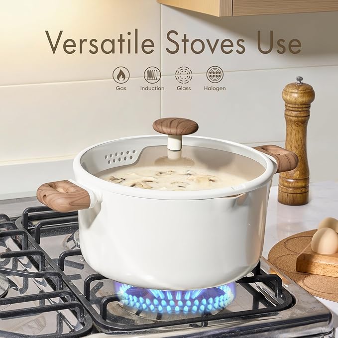 CAROTE Stock Pot with Lid, 7Quart Ceramic Soup Pot Non Toxic, Nonstick Cooking Pot for Pasta, Induction Ready, Even Heating, Dishwasher Safe, White