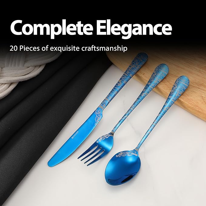 Wave Cutlery Set 20 Pieces Stainless Steel Flatware Set Service for 4 Utensils For Home Kitchen Wedding Laser Engraved Dishwasher Safe (All Blue)