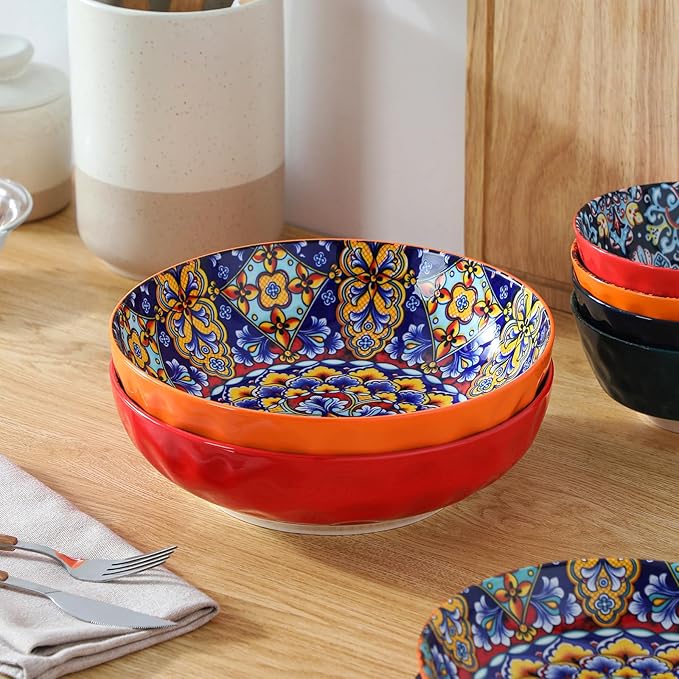 vancasso Large Serving Bowls, 78 Oz Extra Large Salad Bowls Set of 2, Bohemian Decorative Bowls for Salad, Fruit, Pasta and Dinner, Serving Dishes Set for Party, Dishwasher & Microwave Safe-Red