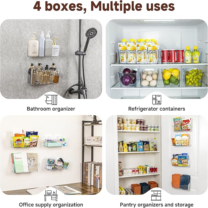 4-Pack Large Cabinet Door Organizer, 11.4" Wall Mounted Pantry Organizers and Storage, Space Saving, Drain Bottom, Adhesive Clear Plastic Storage Bins for Kitchen, Refrigerator, Countertop, Under Sink