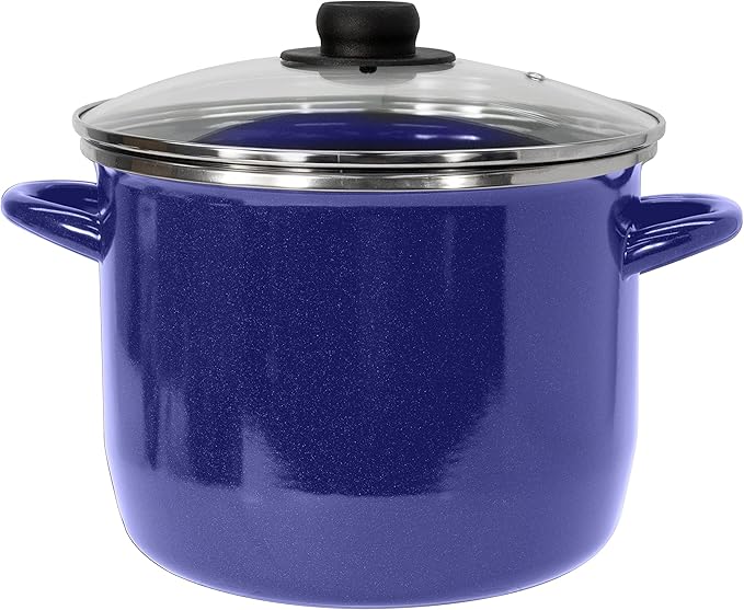 EKCO EOS 8-Quarts Alloy Steel Speckled Stockpot with Glass Lid - Dishwasher and Oven Safe Cooking Pot up to 350Β°F - Induction Cookware for All Cooktops - Non-Reactive Enameled Soup Pot - Blue