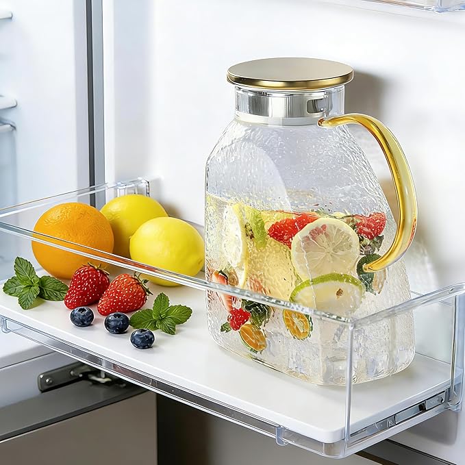 Glass Pitcher, Mituer 60oz Glass Water Pitchers with Handle and Lid, Tea Pitcher for Fridge, Iced Tea, Coffee Milk, Juice