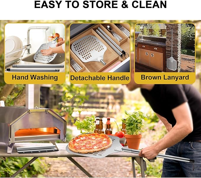 Joyfair 12 Inch Perforated Pizza Peel Aluminum Pizzas Spatula, Metal Pizza Paddle with Rocker Cutter Pizza Oven Accessories Turning Tool Set, 38.5”- 49” Long Detachable Handles (SS Handle)