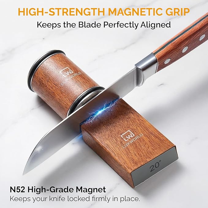 Premium Rolling Knife Sharpener – Diamond & Ceramic Disc Knife Sharpener for Kitchen & Pocket Knives – Manual Sharpening Tool with Magnetic Angle Base 15° & 20° – Professional Razor Edge Tool (Brown)