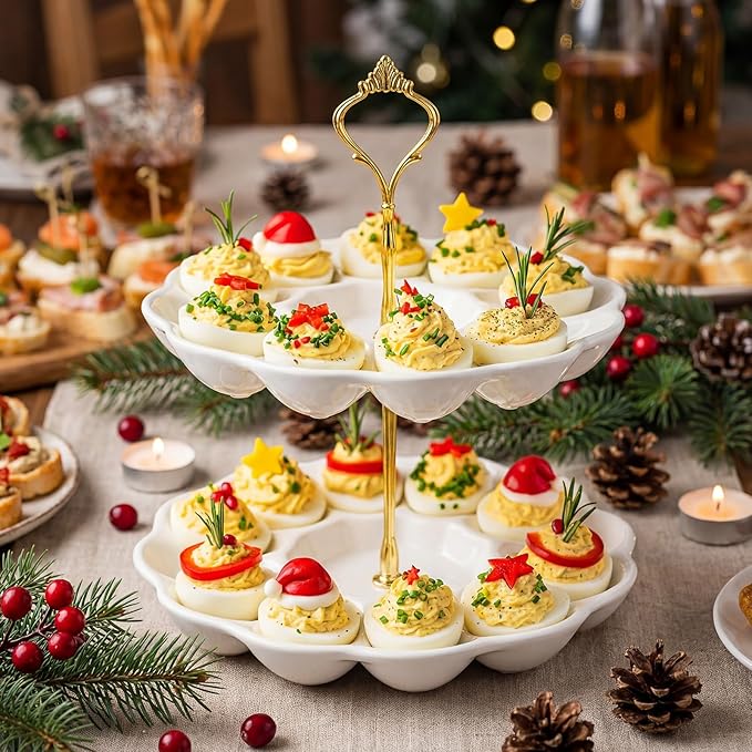 2 Tier Ceramic Easter Deviled Egg Platter 24 Hole Deviled Egg Tray Container, Detachable Eggs Holder Tower for Easter Party Food Container for Kitchen Countertop Microwave Dishwasher Freezer