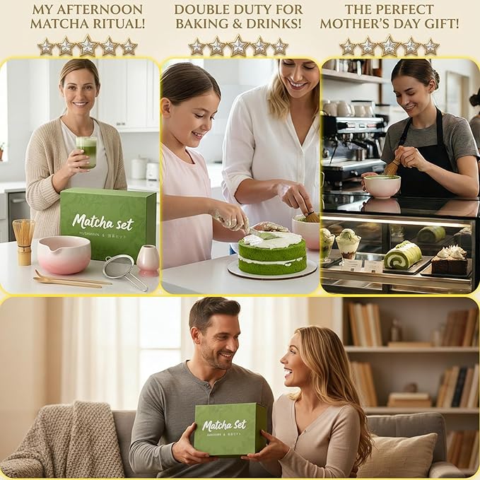 Matcha Whisk Set, Ceramic Matcha Set Includes Bowl & Holder, Bamboo Whisk (Chasen), Scoop, Spoon and Sifter, 6PCS Matcha Kit Covers Everything Needed for Making Matcha (Green)