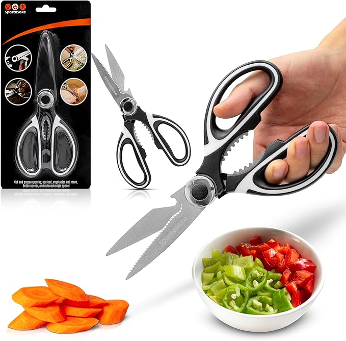 SpartaSake Premium Stainless Steel All Purpose Kitchen Shears with Sleeve - Heavy Duty Ultra Sharp kitchen Scissors for Food - Multipurpose Food Scissors for Meat Poultry Vegetable (Black-White)