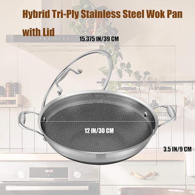 LOLYKITCH 12 Inch New Hybrid Tri-Ply Stainless Steel Wok Pan with Lid,Ceramic Nonstick Stir Fry Pans,Induction Cooking Pot,Dishwasher and Oven Safe