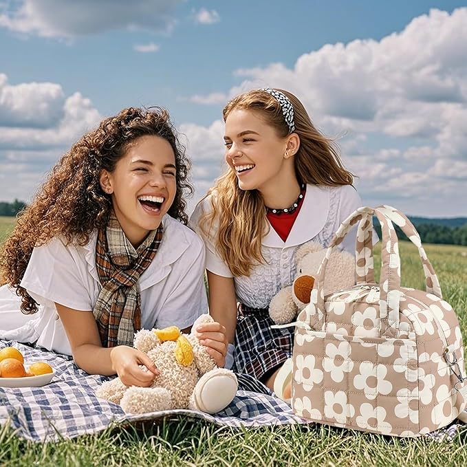 LEDAOU Lunch Box for Women Lunch bag Quilted Puffer Insulated Lunch Box with Adjustable Strap Reusable LunchBox for Work School Picnic Travel (Big Flower Brown)