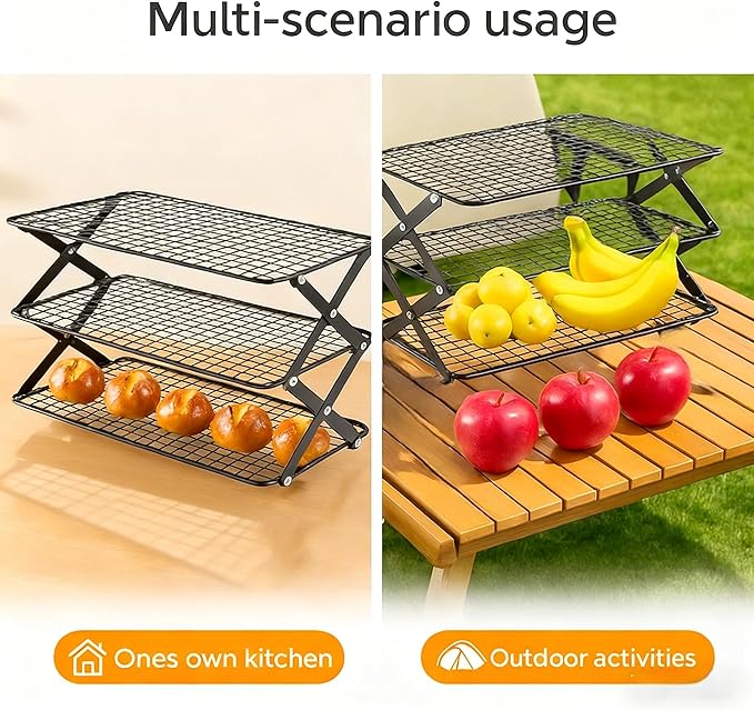 3-Tier Collapsible Cooling Rack with Adjustable 3 Setting, Wire Cooling Roasting Cooking Baking Drying Rack for Cookies Bread Turkey, Candy, Fruit, Snacks