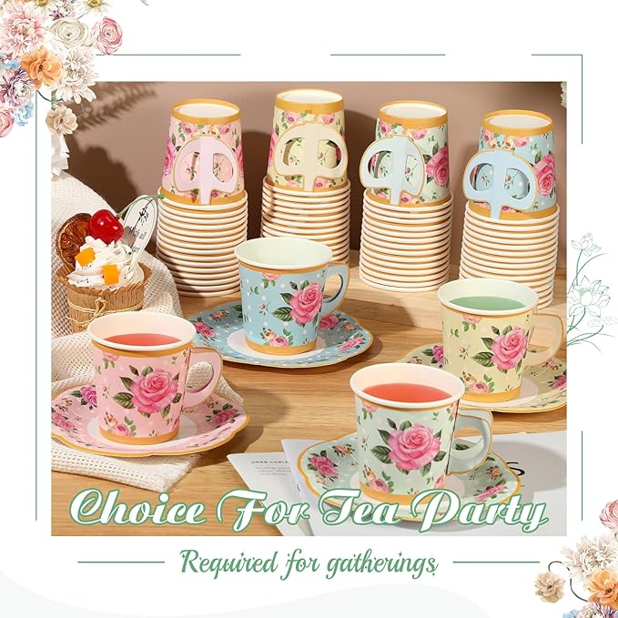 Umigy 60 Sets Spring Tea Party Decorations 6.5 oz Floral Paper Teacups & Saucer Set for Girls Women Afternoon Tea Parties Mothers Day Bridal Shower Wedding Birthday Party Decorations(Multicolor)