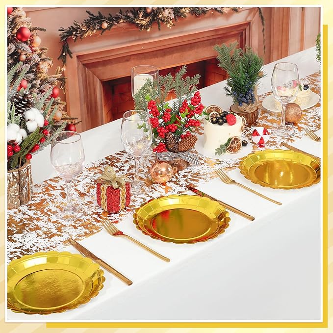 30 Pcs Gold Plates Disposable 9 Inch Scalloped Gold Paper Plates Dessert Cake Plate Cute Party Plate for Wedding, Birthday, Holiday