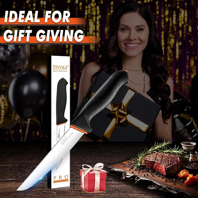 TIVOLI 6 Inch Straight Boning Knife - Breaking Butcher Knife with Ergonomic Non-Slip Softgrip & German Stainless Steel Razor Sharp Blade For Meat or Fish Deboning Filleting - Gift for Men