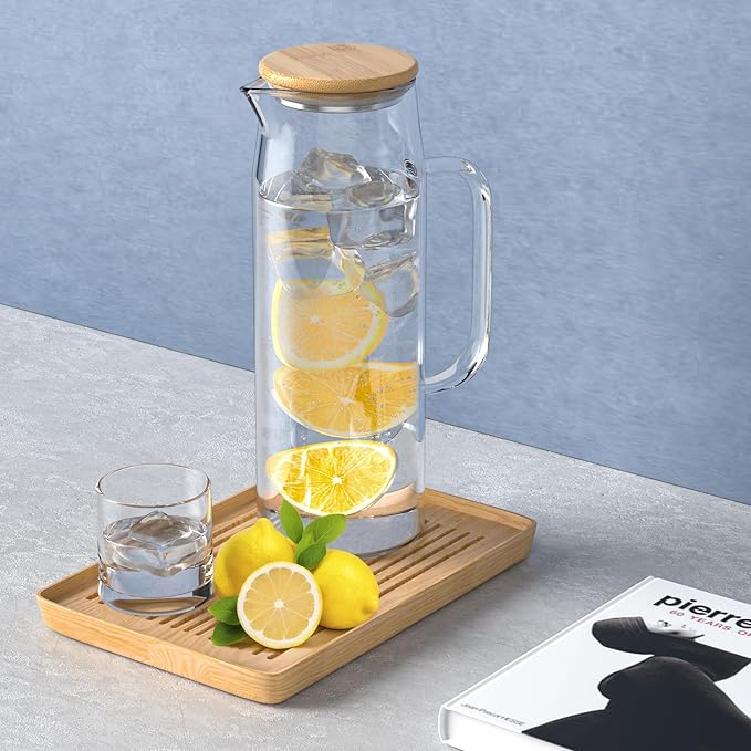 3 Sets Glass Pitcher with Lid, 50 oz / 1500 ml Water Carafe with Handles Hot Cold Beverage Water Jar Glass Jug (Bamboo lid)