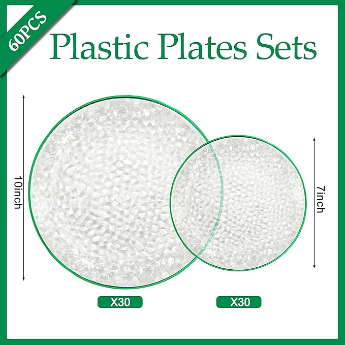 Rubtlamp 60Pcs Easter Plastic Plates Plates, Clear Plastic Disposable Plates With Green Rim, Green Heavy Duty Fancy Hammered Party Plate Include 30 Dinner Platos,30 Salad Platos for Party Spring