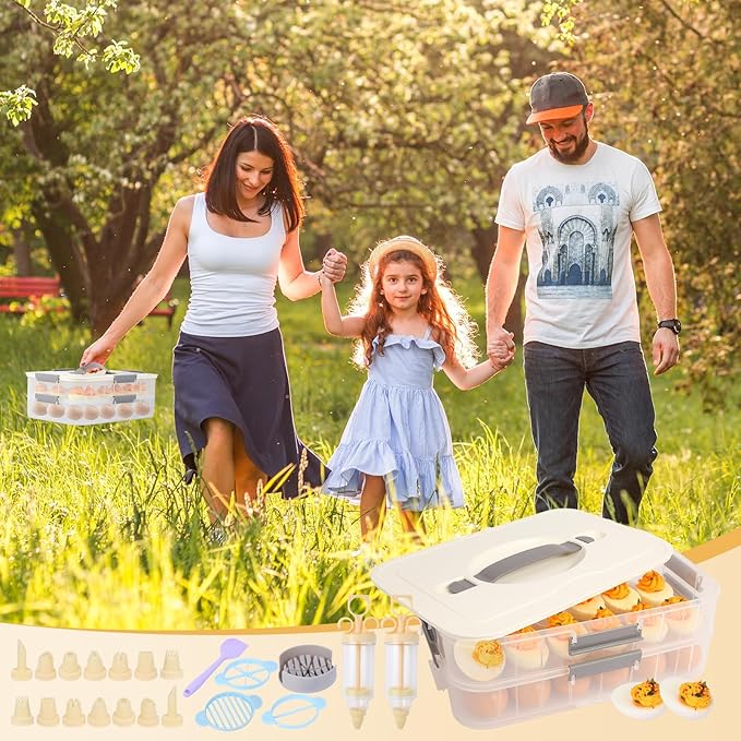 2-Layer Deviled Egg Containers With Lid,36pcs Easter Deviled Egg Tray Carrier with Handl Injector Piping Tool,Portable Stackable Egg Holder Platter Holder Organizer for Refrigerator Party Picnic Event