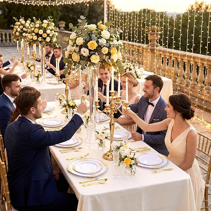 200PCS White and Gold Plates - Gold Plastic Plates - Fancy Disposable Plate - Gorgeous 10inch Dinner & 7.25inch Dessert Plate for 100 Guests for Wedding & Party