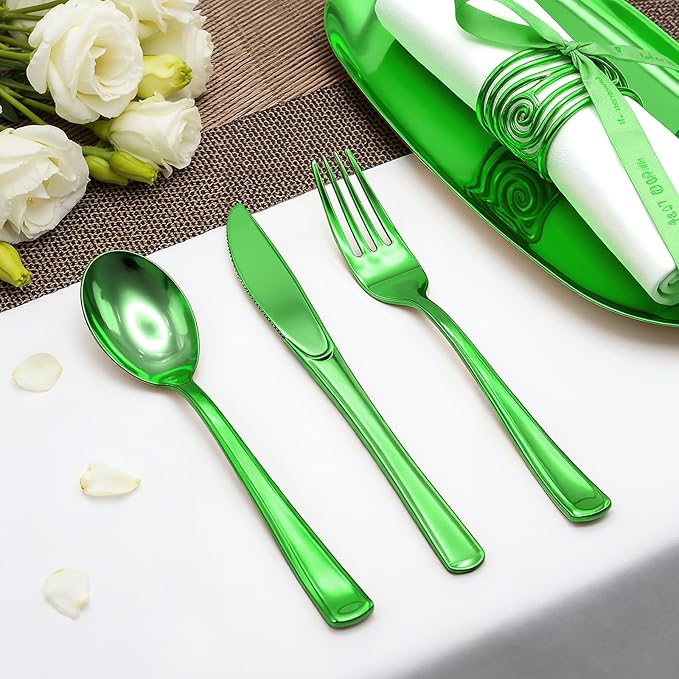 153 Count Heavy Duty Plastic Silverware - 51 Forks, 51 Knives, 51 Spoons Green Disposable Plastic Utensils Set Plastic Flatware Bulk Cutlery Sets for St. Patrick's Day Party Dinner Wedding Gathering