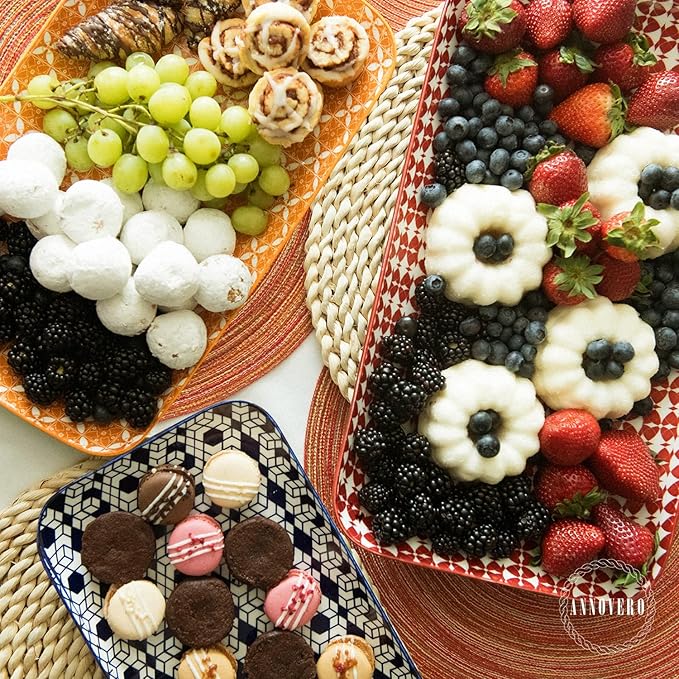 Annovero Serving Platter - Large Porcelain Food Tray - for Fruit, Cheese, Dessert, Cookie, Meat, Appetizer - Colorful Decorative Serveware for Party & Entertaining - 15.4/13.8/11.8 Inch - Set of 3