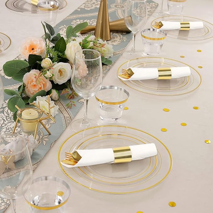 100 Pack Pre Rolled Gold Plastic Silverware Set,Wrapped Plastic Cutlery Set with Napkin Include 100 Forks,100 Spoons,100 Knives and 100 White Napkins for Party, Wedding,Christmas