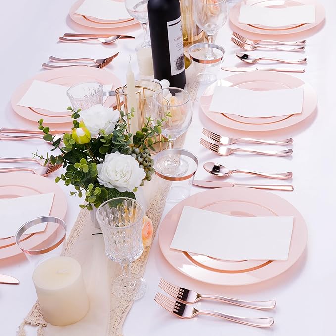 100PCS Pink Plastic Dinner Plates 10inch, Premium Hard Disposable Plates for Party, Wedding