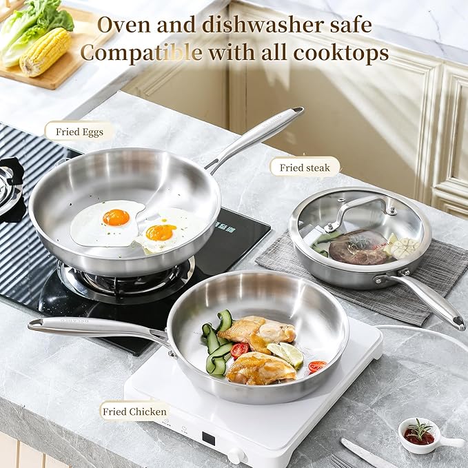 DELARLO Tri-Ply Stainless Steel Pan, 18/10 Frying Pan, Oven Safe Up to 600°F, Nontoxic Cookware, Compatible with All Cooktops Skillet, Durable, Fast Even Heat Fry Pan,Steel 10" and 12" with Lid