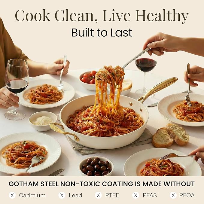 GOTHAM STEEL 14 Inch Nonstick Frying Pan with Lid, Large Ceramic Skillet for Family, Non Toxic PFOA PFOS PFAS Free, Oven & Dishwasher Safe 500°F, Even Heat Distribution, Cream