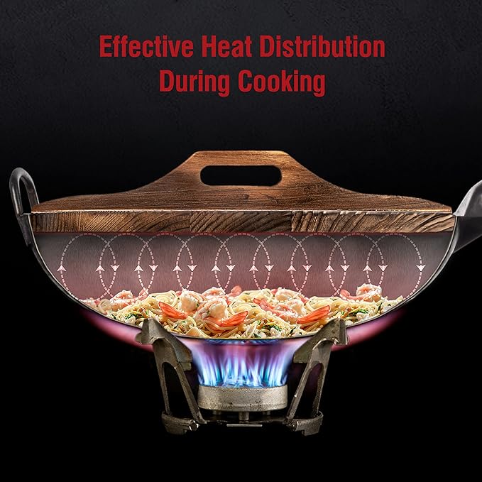 YOSUKATA Carbon Steel Wok Pan 14 in + Premium Wok Cover 14 inch Pan Lid - Wooden Lid 14 in with Ergonomic Handle