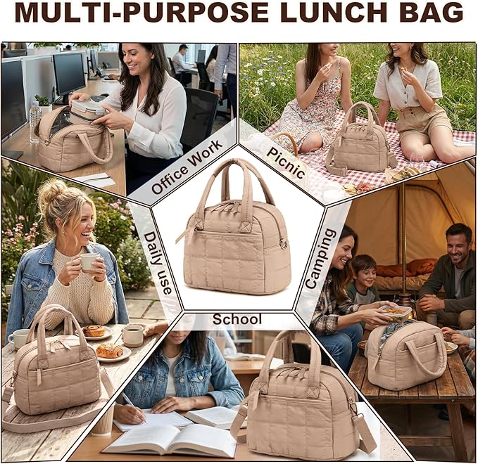 LEDAOU Lunch Box for Women Lunch bag Quilted Puffer Lunch Box with Adjustable Strap Insulated Reusable Lunch Tote for Work School Picnic Travel