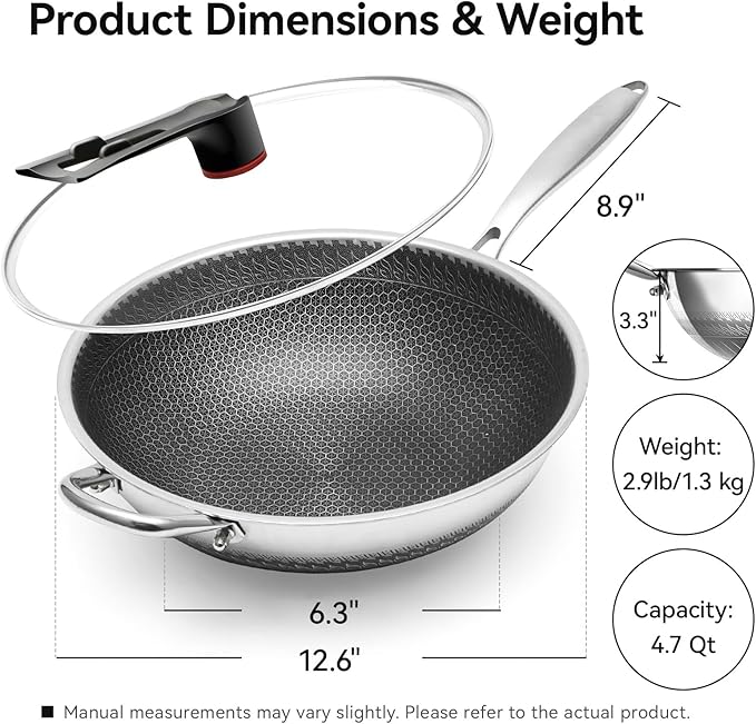 WANGYUANJI Stainless Steel Wok Pan with Lid, 12.6 Inch Honeycomb Hybrid Nonstick Stir Fry Pan, Tri-Ply Clad Skillet for Induction Electric Gas Stove, Dishwasher Safe, No Seasoning Needed (Serves 3-4)