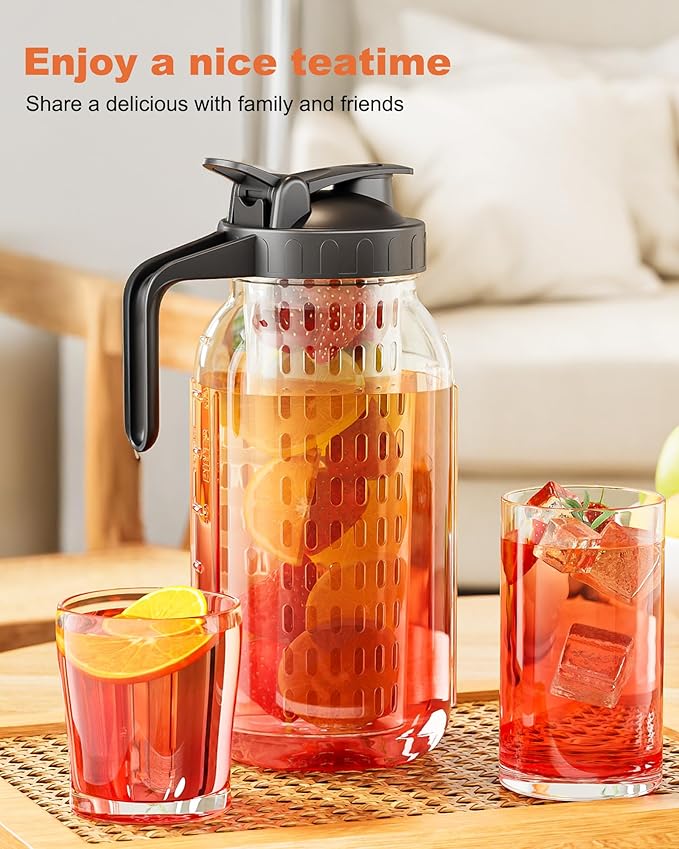 64oz Mason Jar Pitcher with Fruit Tea Infuser – Airtight & Leakproof Glass Pitcher with Lid, Perfect for Iced Tea, Sun Tea and Cold Brew, 2 Quart (1/2 Gallon) Wide Mouth Mason Jar with Pour Spout Lid