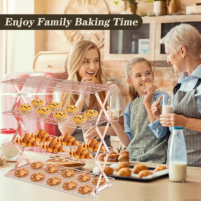 Pleafind 4 Tier Rose Gold Collapsible Cooling Rack - 3 Setting Design, Adjustable & Stackable Baking Rack, 5 Modes Cooling Racks for Cooking and Baking, Roasting & Grilling Gifts for Picnic Party