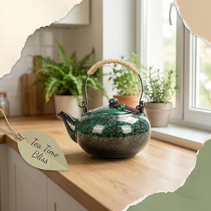 Japanese Ceramic Teapot with Infuser, Removable Stainless Steel Filter for Loose Tea, 25 OZ/750ml, Pine Green, for Office Home Men Women as Gift