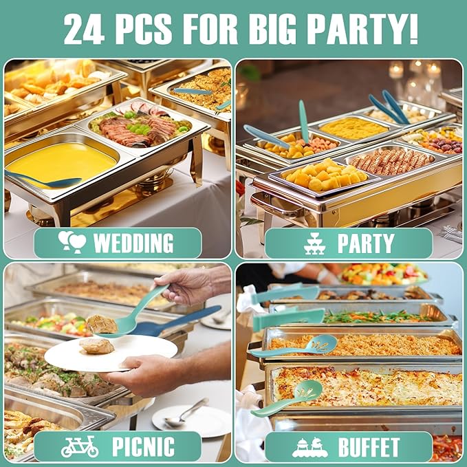 Reusable Plastic Serving Utensils Set of 24, Wheat straw Large Serving set 10" Serving Spoons/10" Slotted Spoons/9.4" Tongs, for Party Buffet Catering (Ocean, Not for Cooking)