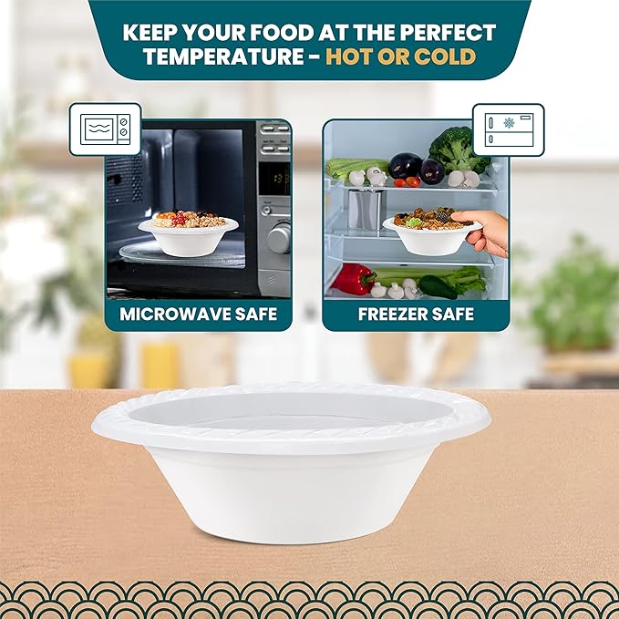 R-kay Plastic Bowls - 100 Count Microwavable Disposable Bowls - Strong Heavy Duty And Sturdy White Plastic Bowls Disposable (12 OZ, 100)