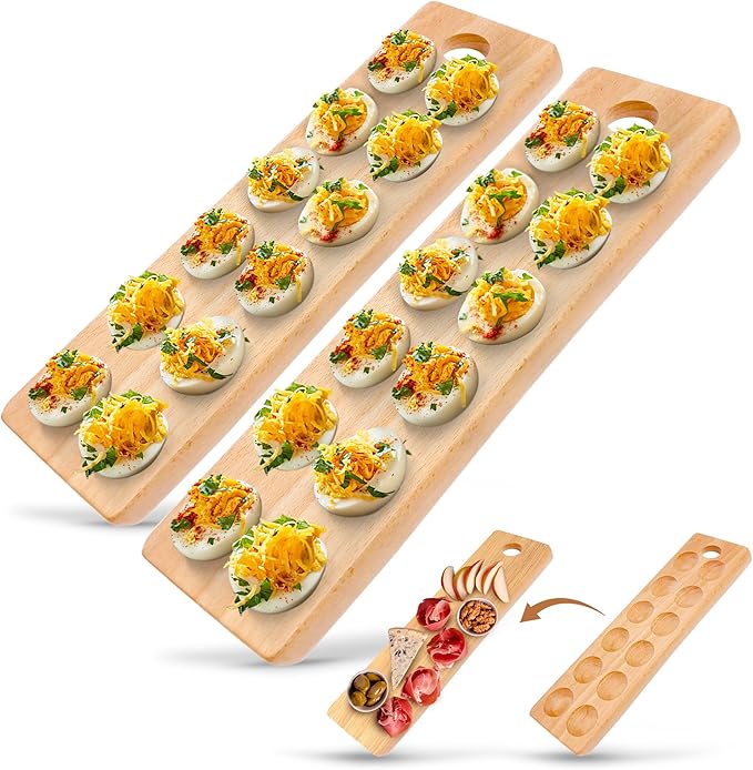 Namre' Easter Deviled Egg Tray 2 Pack – Wooden Deviled Egg Plate and Holder for 24 Eggs, Reversible Serving Platter & Charcuterie Board with Recipe Guide