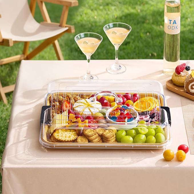 Lifewit 1 Compartment Melamine Charcuterie Board, 11 x 14 Inch Portable Cheese Board with Plastic Lockable Clear Lid, Travel Charcuterie Board Serving Platter with Cover for Snacks, Fruit, Appetizers