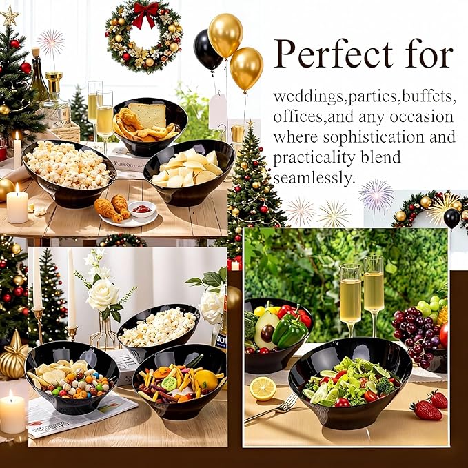 Liacere 16PCS Black Plastic Bowls - 54 OZ Angled Serving Bowls Disposable for Chip - Candy Party Table Salad and Fruit for Party & Wedding & New Year