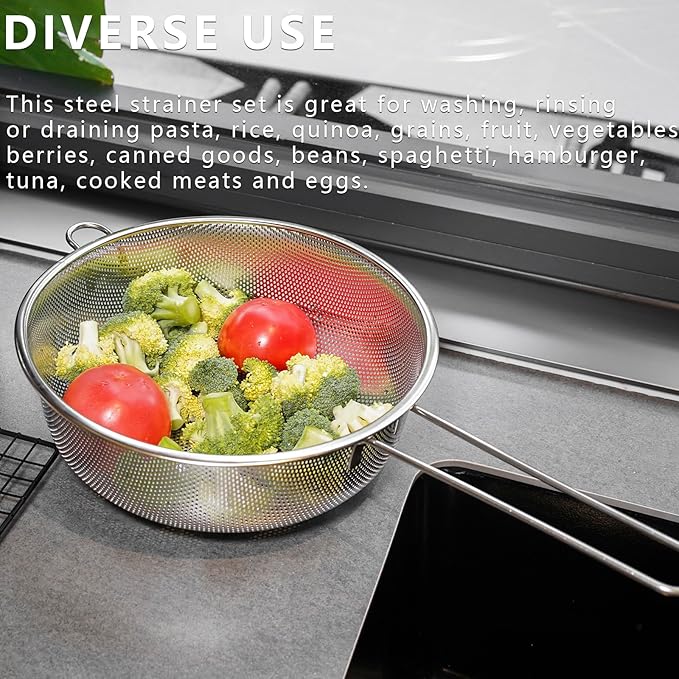 Metal Fine Mesh Strainer and Colander for Kitchen with Handle, Stainless Steel Pasta Strainer/Kitchen Funnel/Collander/Sifter for Strain/Wash Vegetables, Fruits, Spaghetti, Rice (7.8")